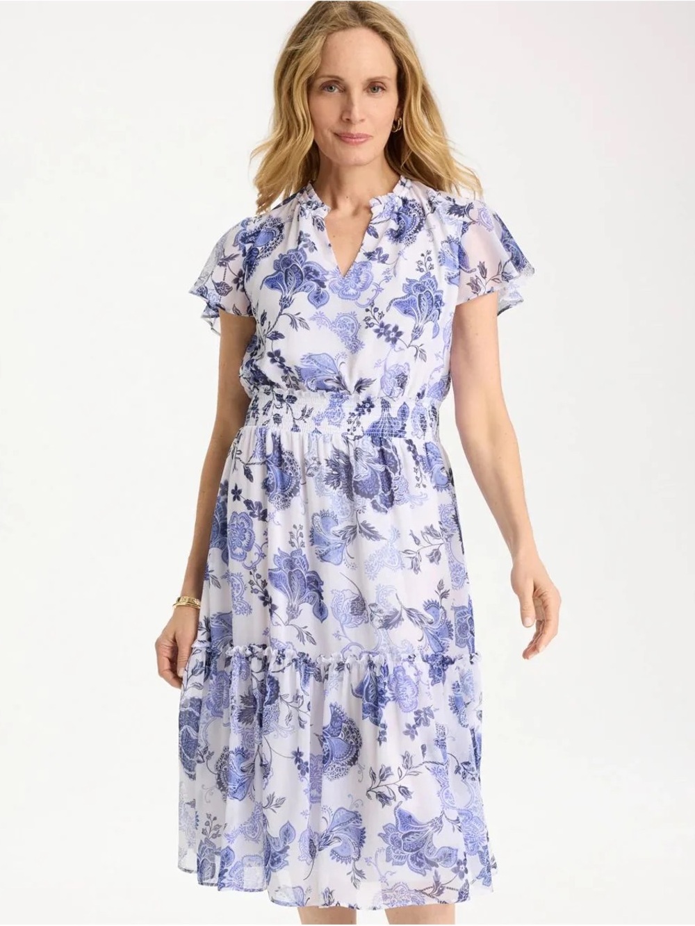 Like NEW Chico's White and Blue Floral Midi Dress